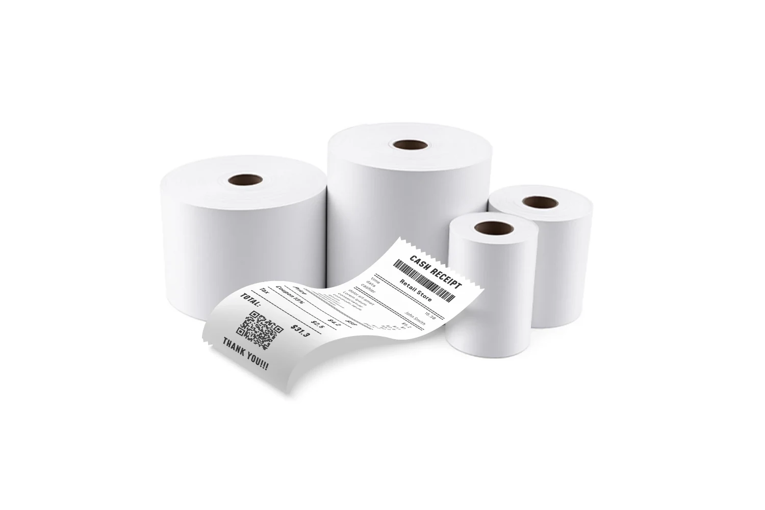 Original same-site thermal paper rolls in multiple diameters with a sample cash receipt
