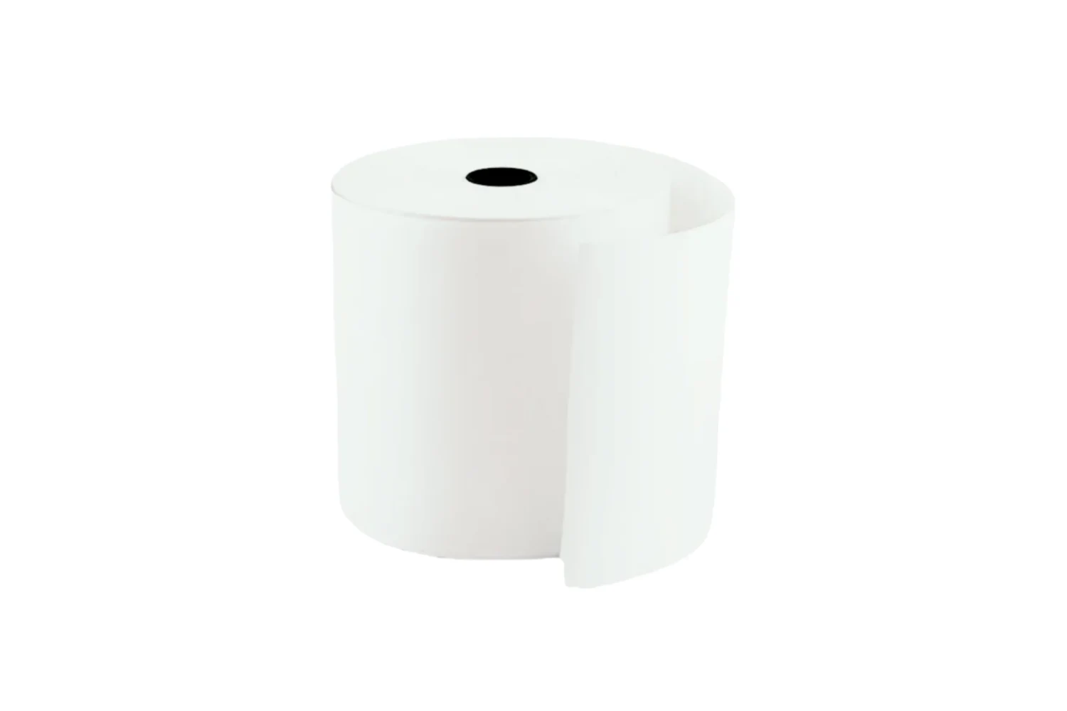 Original same-site unprinted white thermal paper roll showing its core and loose leading edge