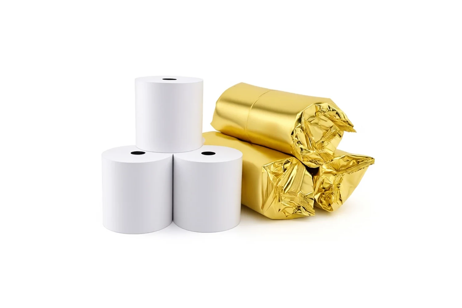 Original same-site white thermal rolls beside rolls protected by reflective gold wrapping