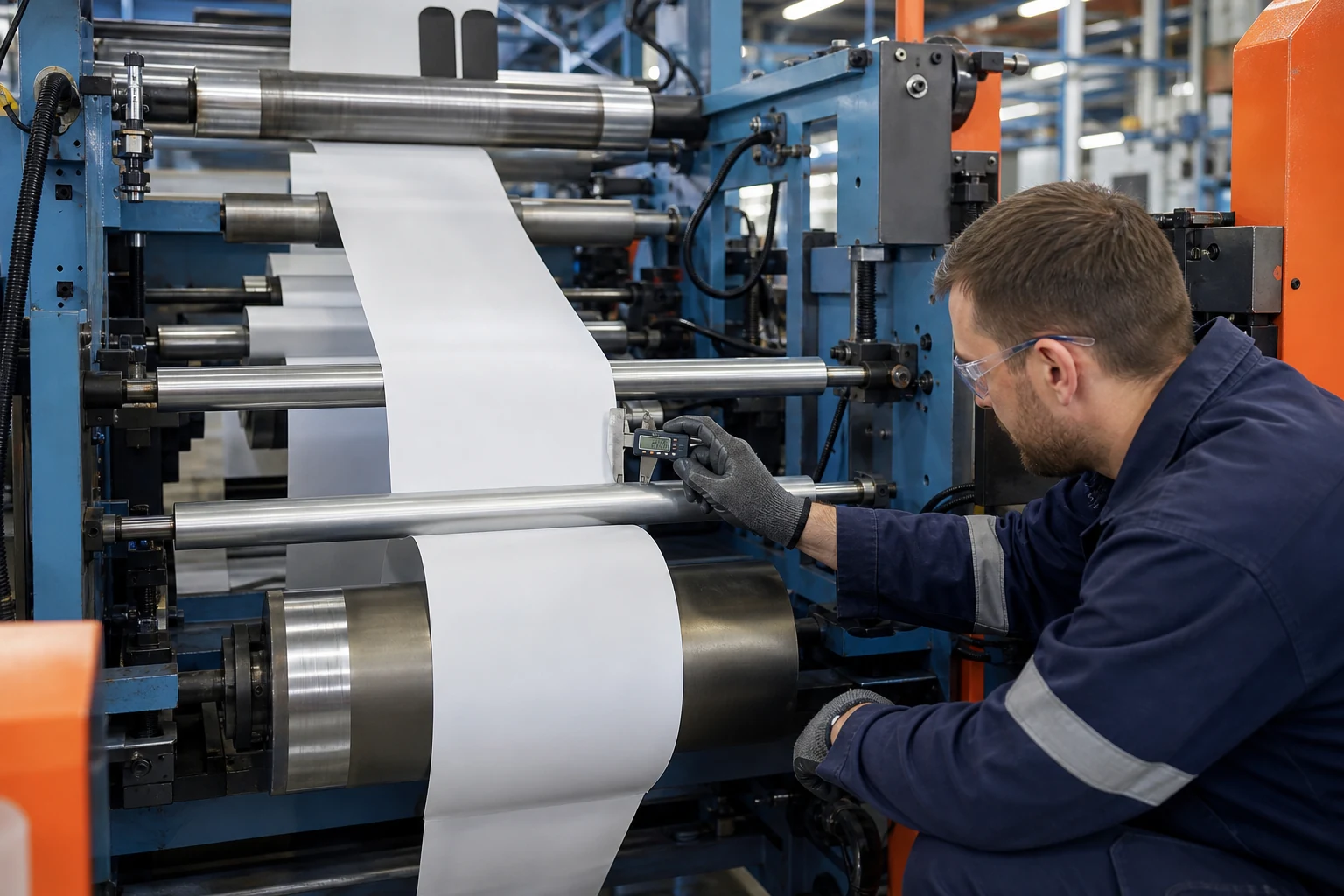 Operator checking the width of a white thermal-paper web on a blue converting line
