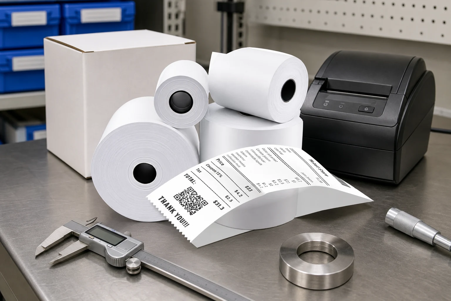 Four thermal paper rolls and a printed receipt reviewed beside a printer and measuring tools