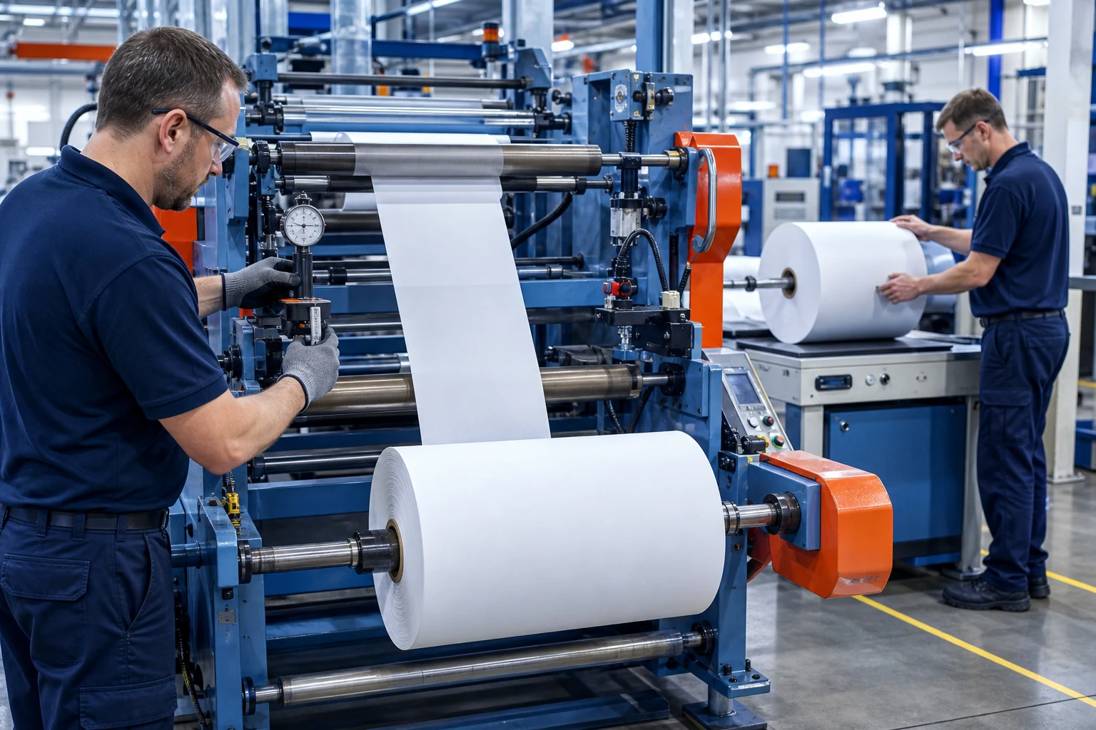Operators monitoring a thermal paper slitting and rewinding production line