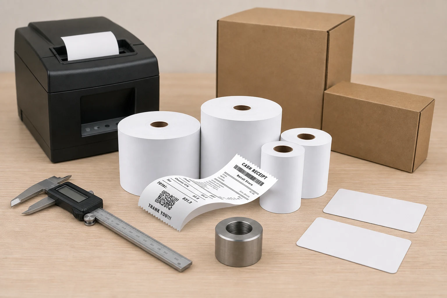 Thermal paper rolls and receipt beside a POS printer and dimensional inspection tools