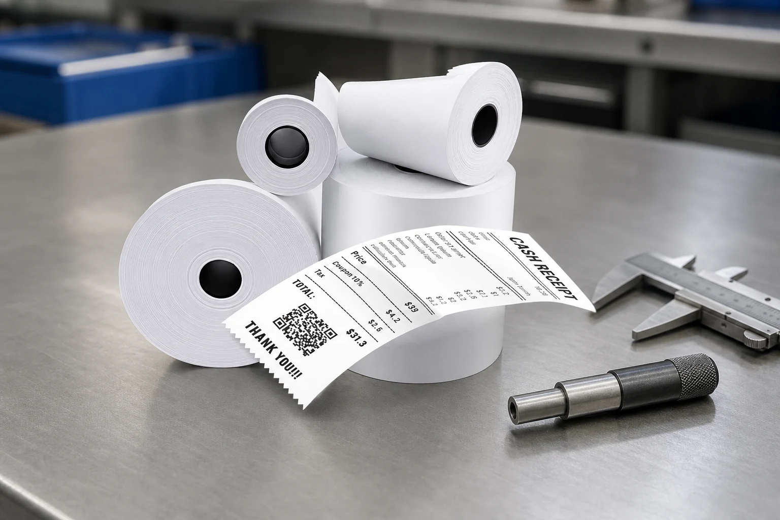 Thermal paper rolls and printed receipt arranged on a machine-fit inspection bench