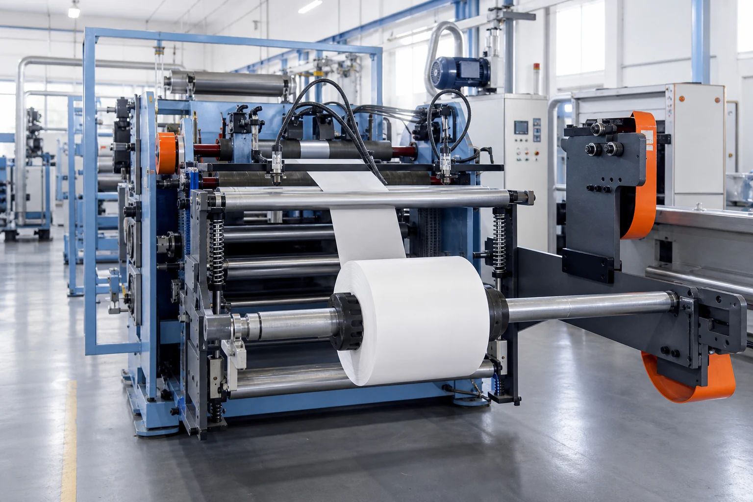 Thermal paper web passing through slitting and rewinding equipment on a production line