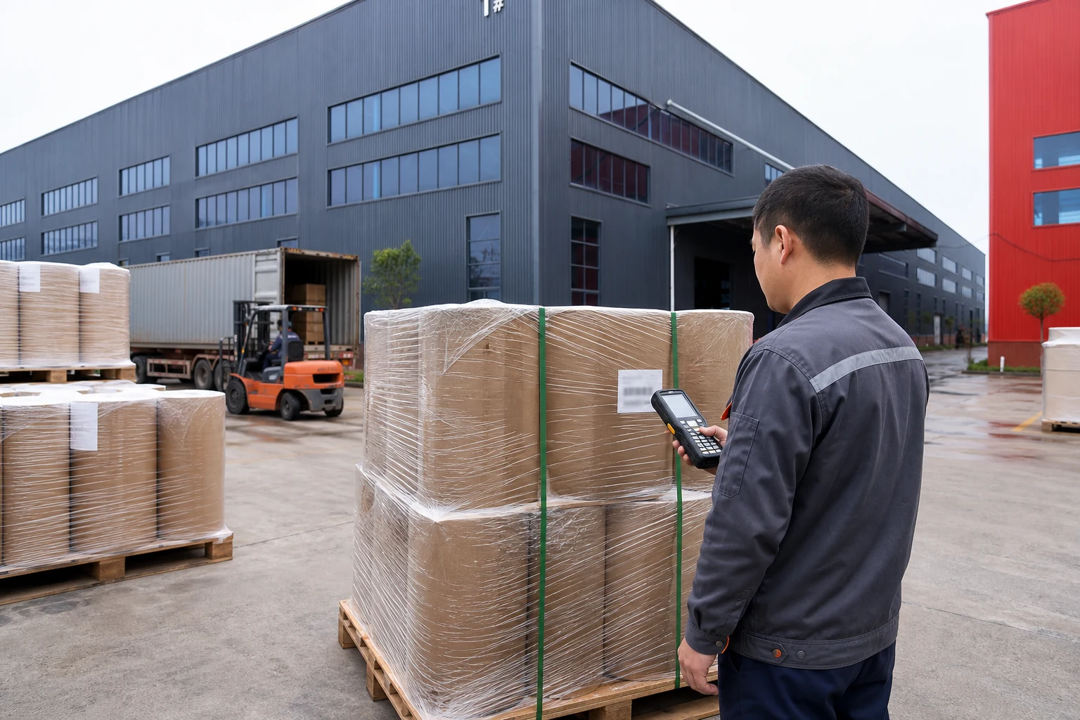 Worker scanning a wrapped pallet of thermal paper cartons outside a gray and red factory loading area