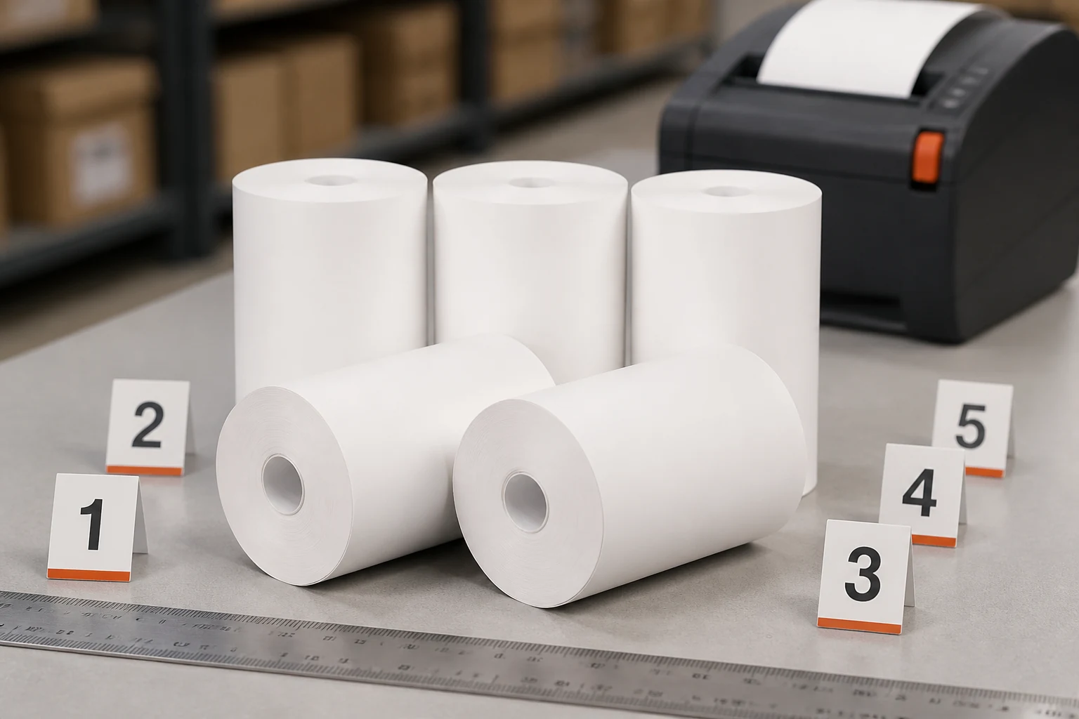 Five white thermal receipt rolls arranged with numbered sample cards, ruler, and a POS printer