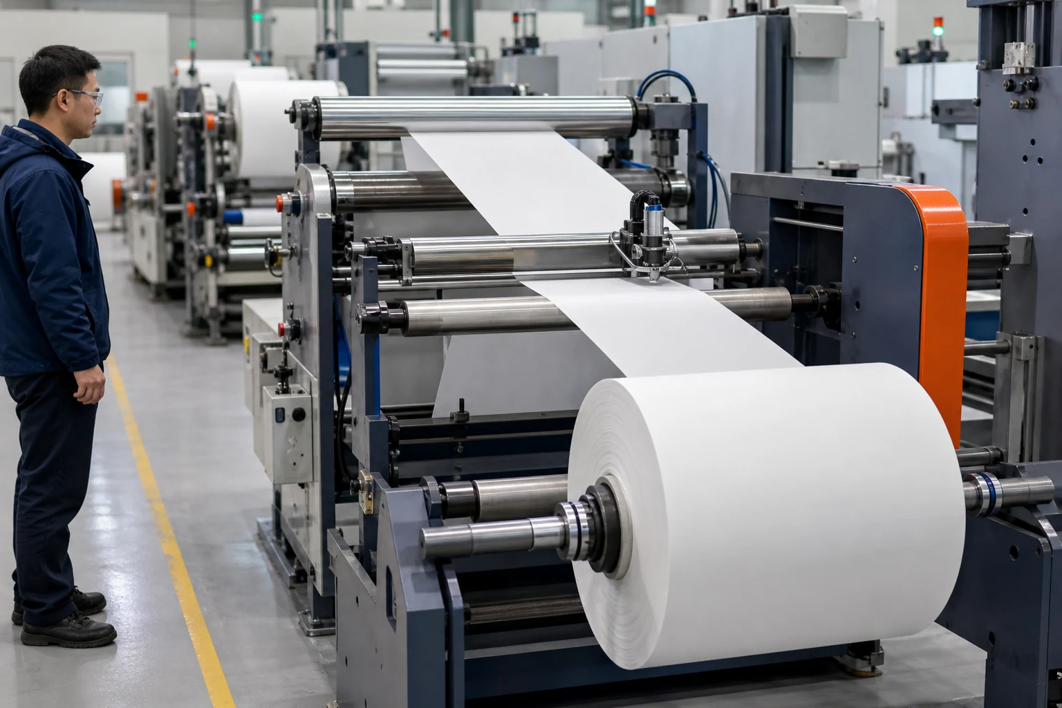 Thermal paper web moving through a slitting and rewinding line