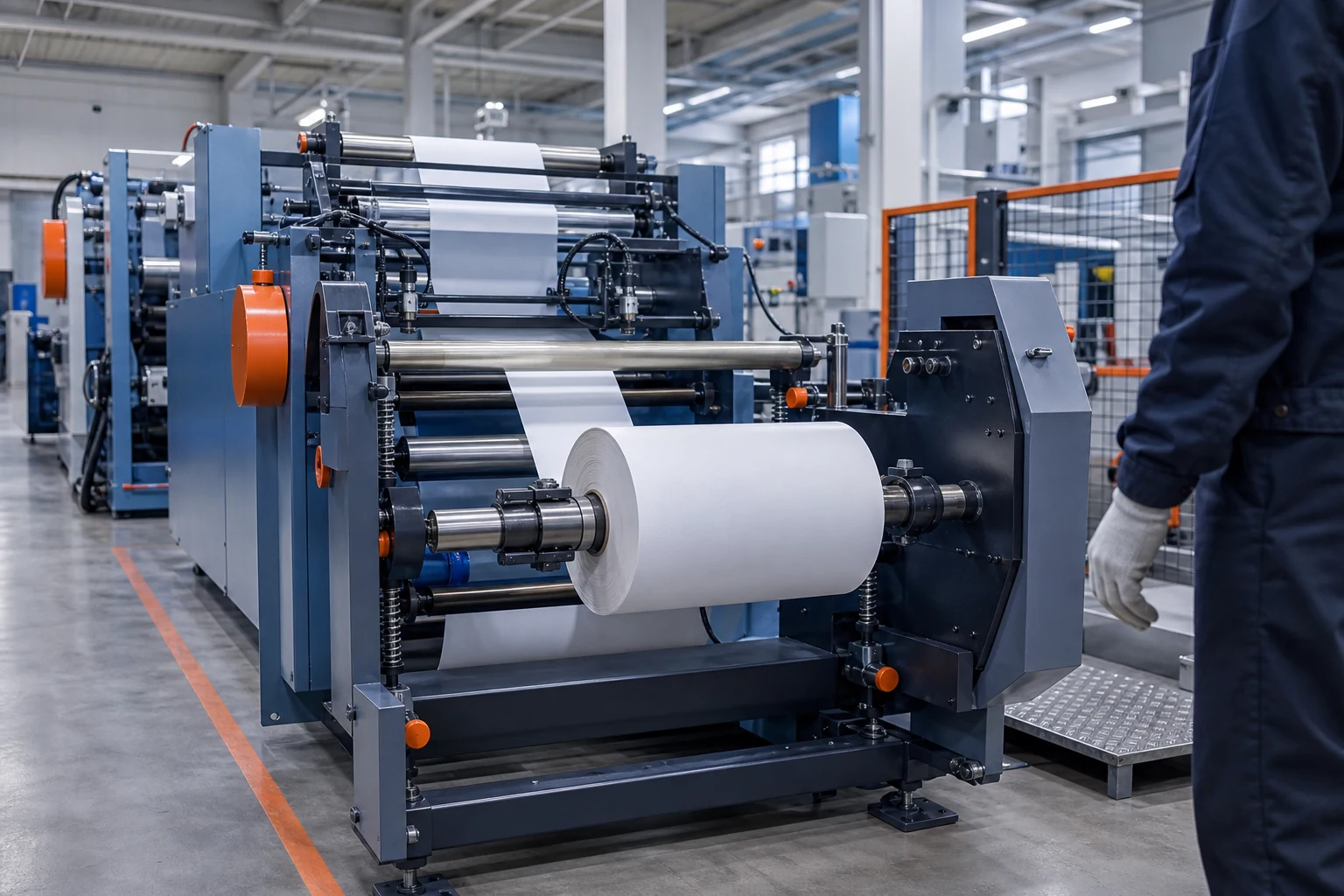 Thermal paper converting line winding a compact finished roll