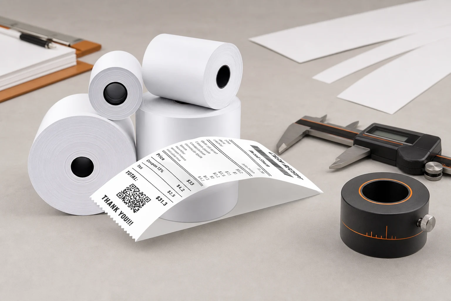 Direct thermal paper rolls and receipt beside roll inspection gauges