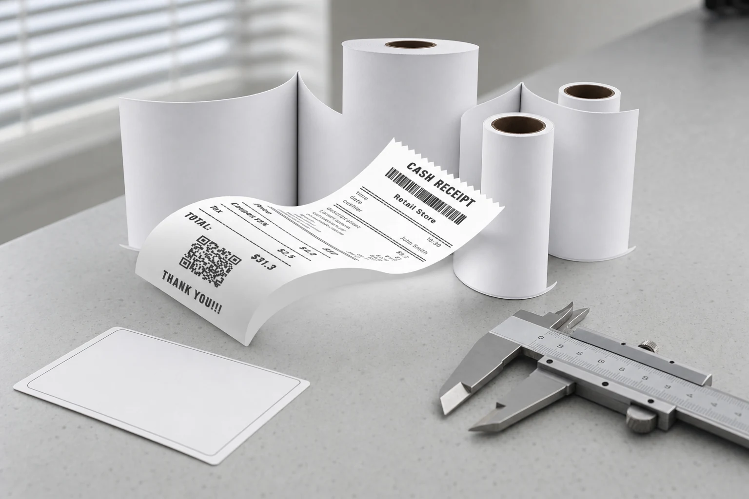 Thermal receipt rolls and a sample receipt arranged for cross-market product comparison