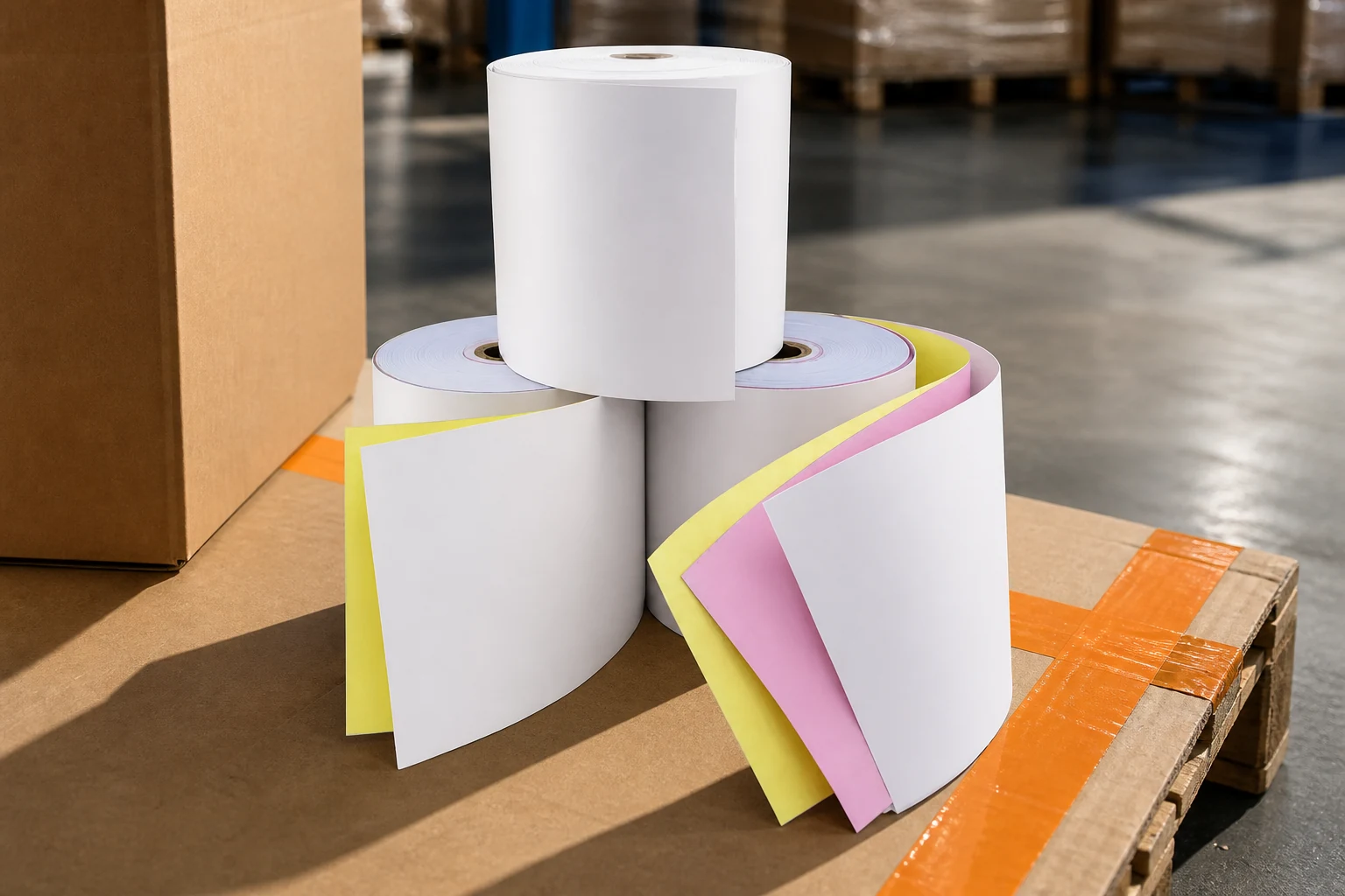 Three carbonless paper rolls with colored plies staged for receiving and packaging inspection.