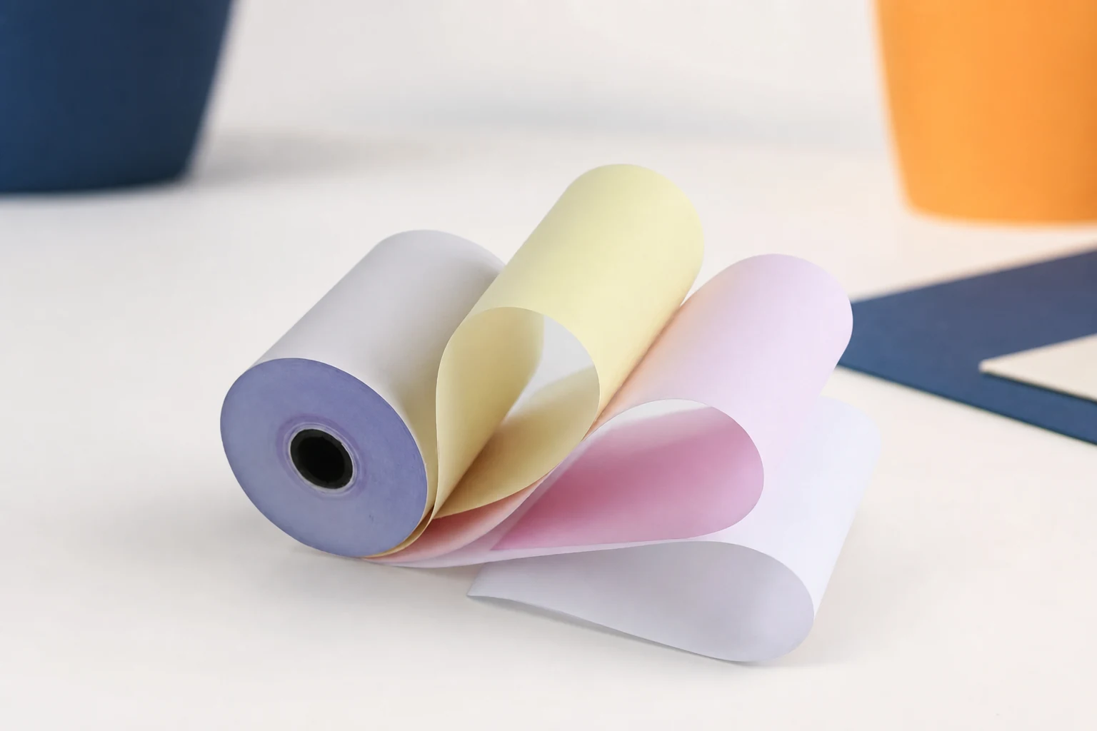 Compact carbonless paper roll opened to show white, yellow, and pink ply order.