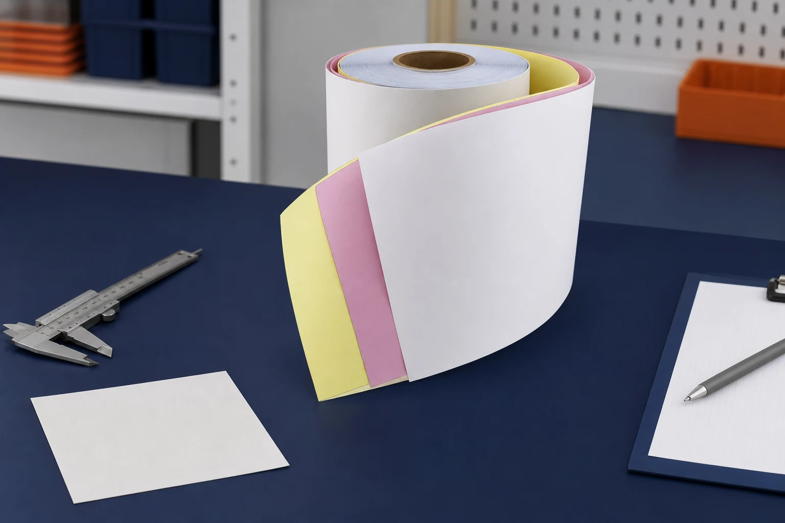 White, yellow, and pink carbonless paper plies displayed from a roll beside measurement tools.