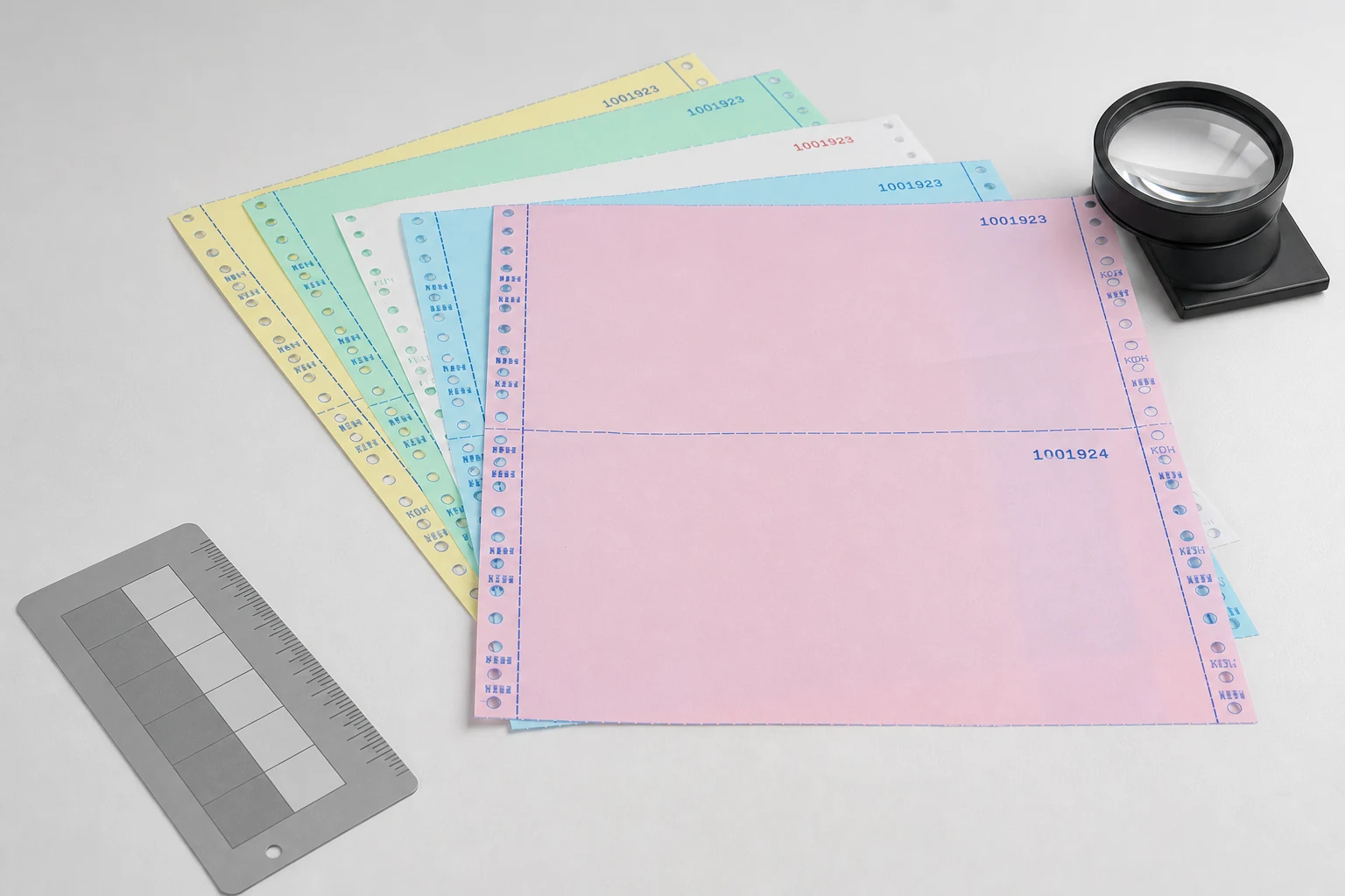 Five-part continuous carbonless form set arranged for image-transfer and feed-path inspection.