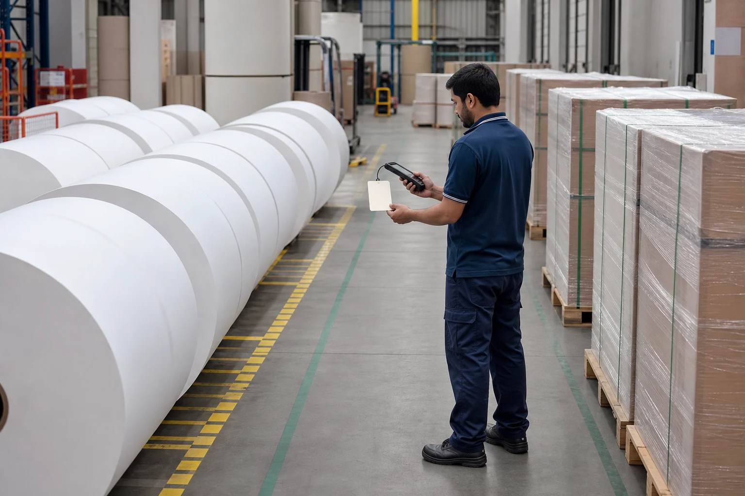 Warehouse technician checking thermal paper lot segregation