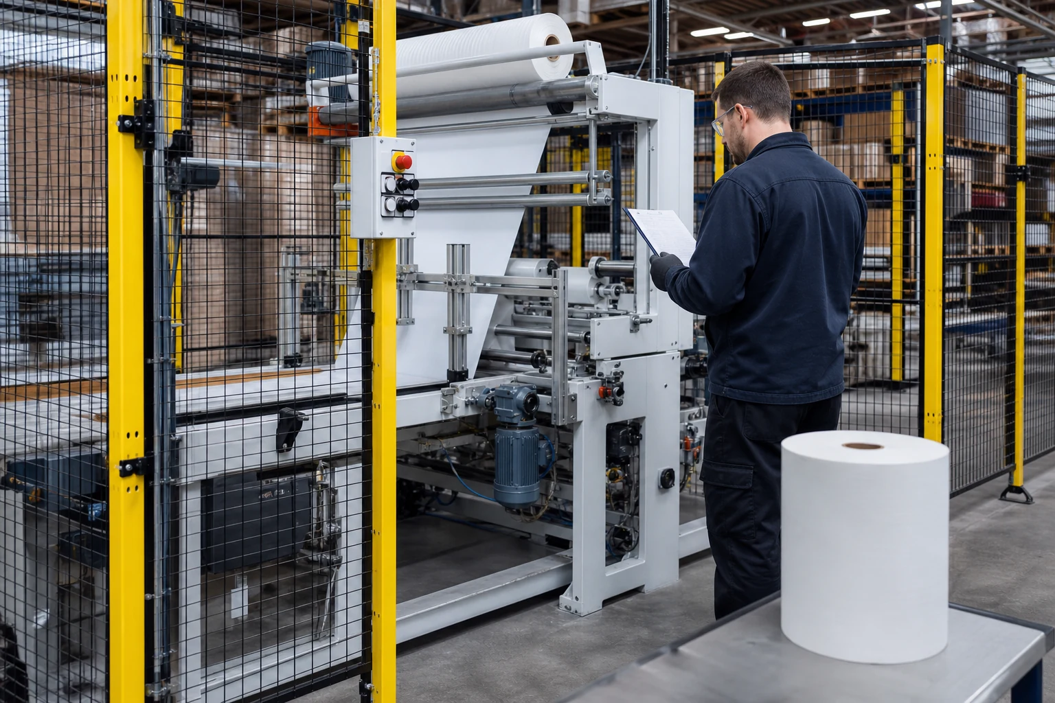 Technician reviewing a guarded thermal paper converting setup