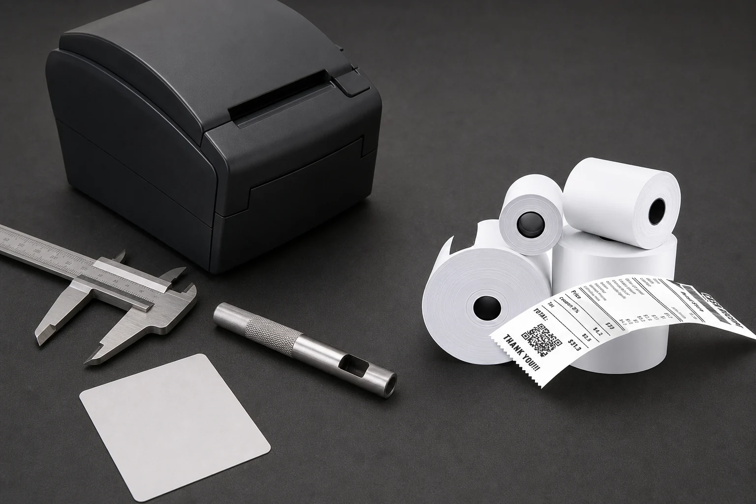 Thermal receipt rolls and printed receipt beside printer-fit gauges