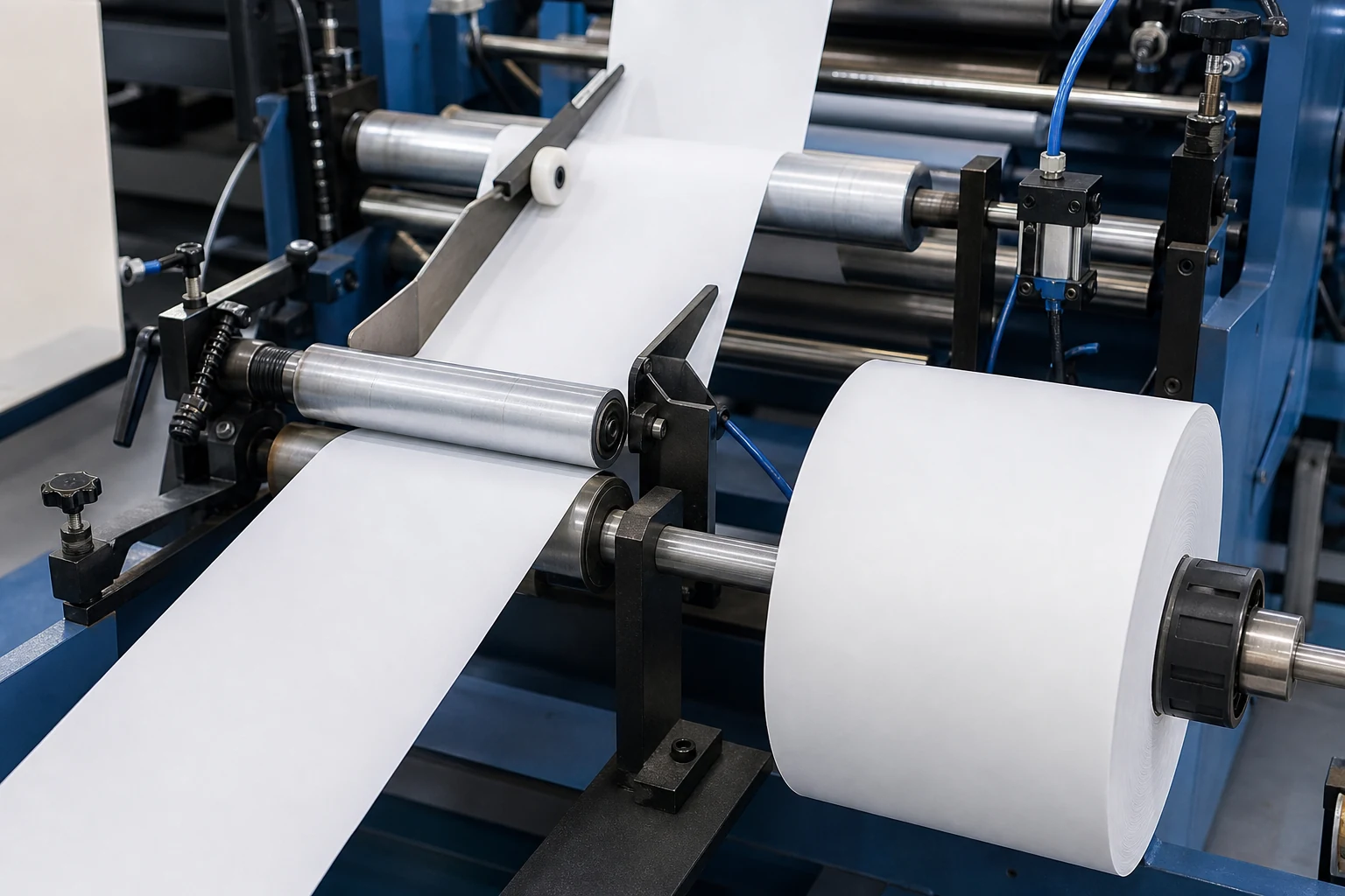 Thermal paper web running through a controlled slitting line