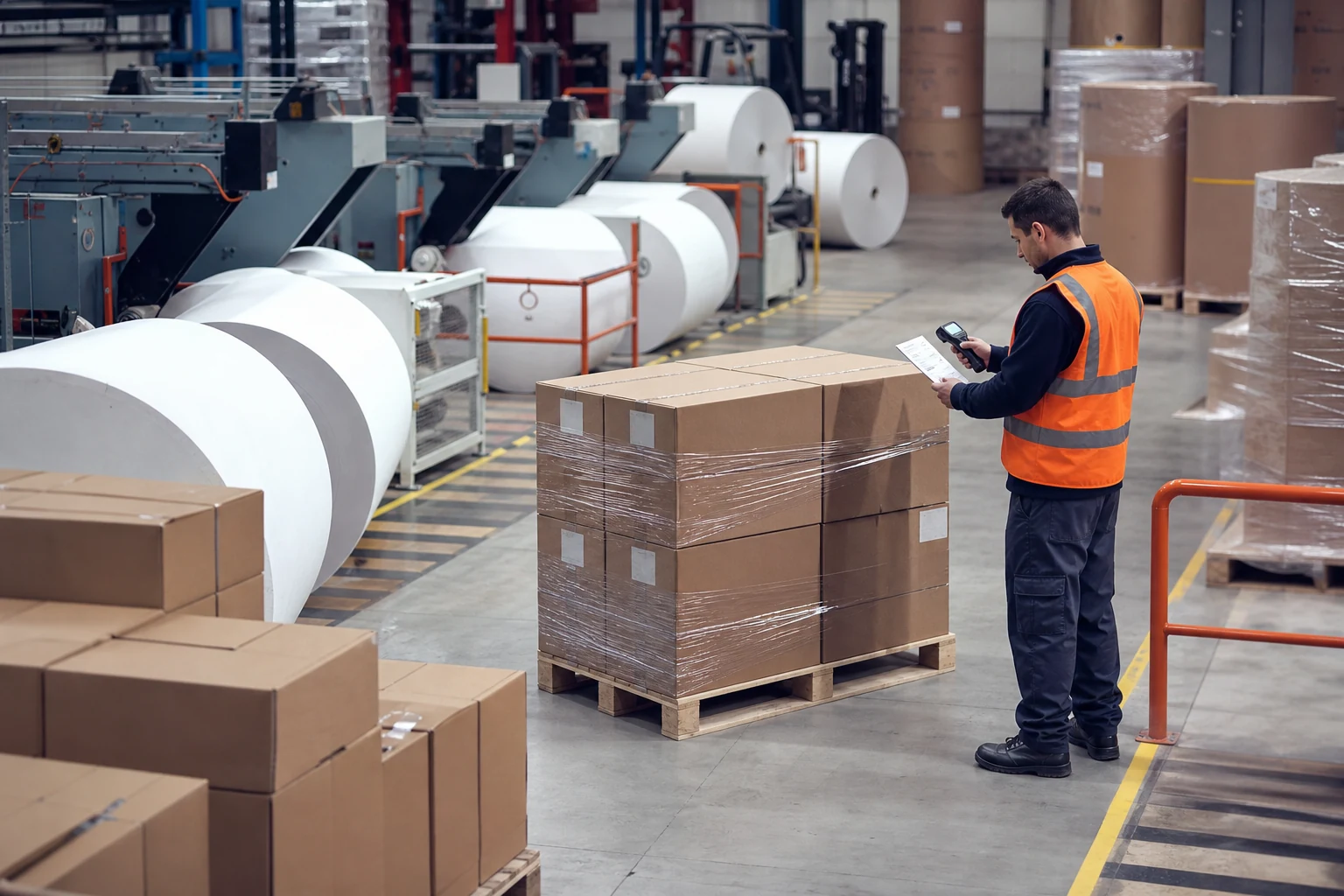Warehouse pallet staged for local thermal paper dispatch