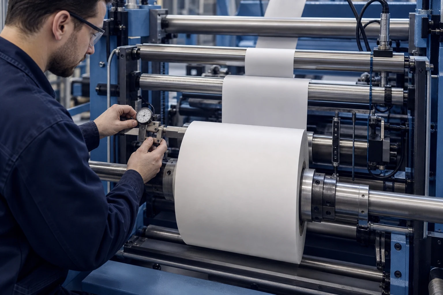 Technician checking width control on a thermal paper slitting line