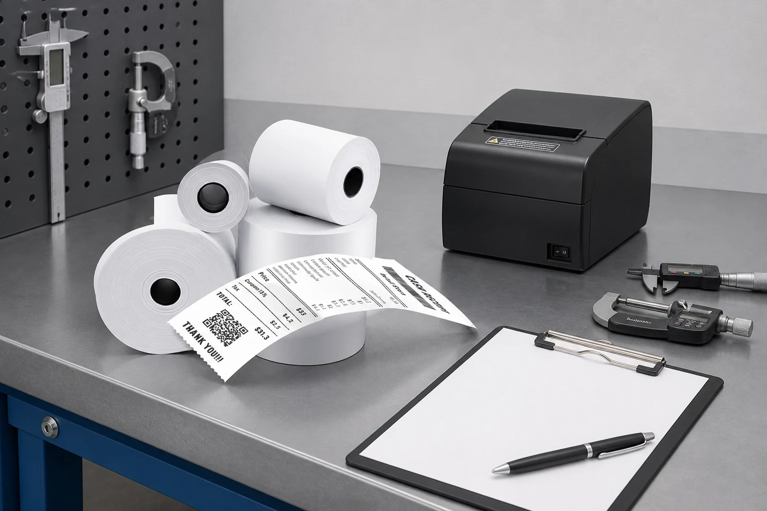 POS receipt rolls and printed receipt on a printer acceptance bench