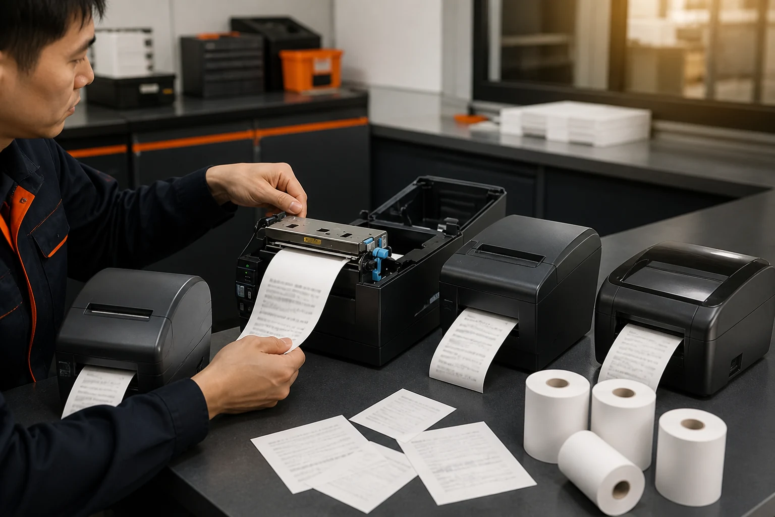 POS printers running a thermal roll compatibility test