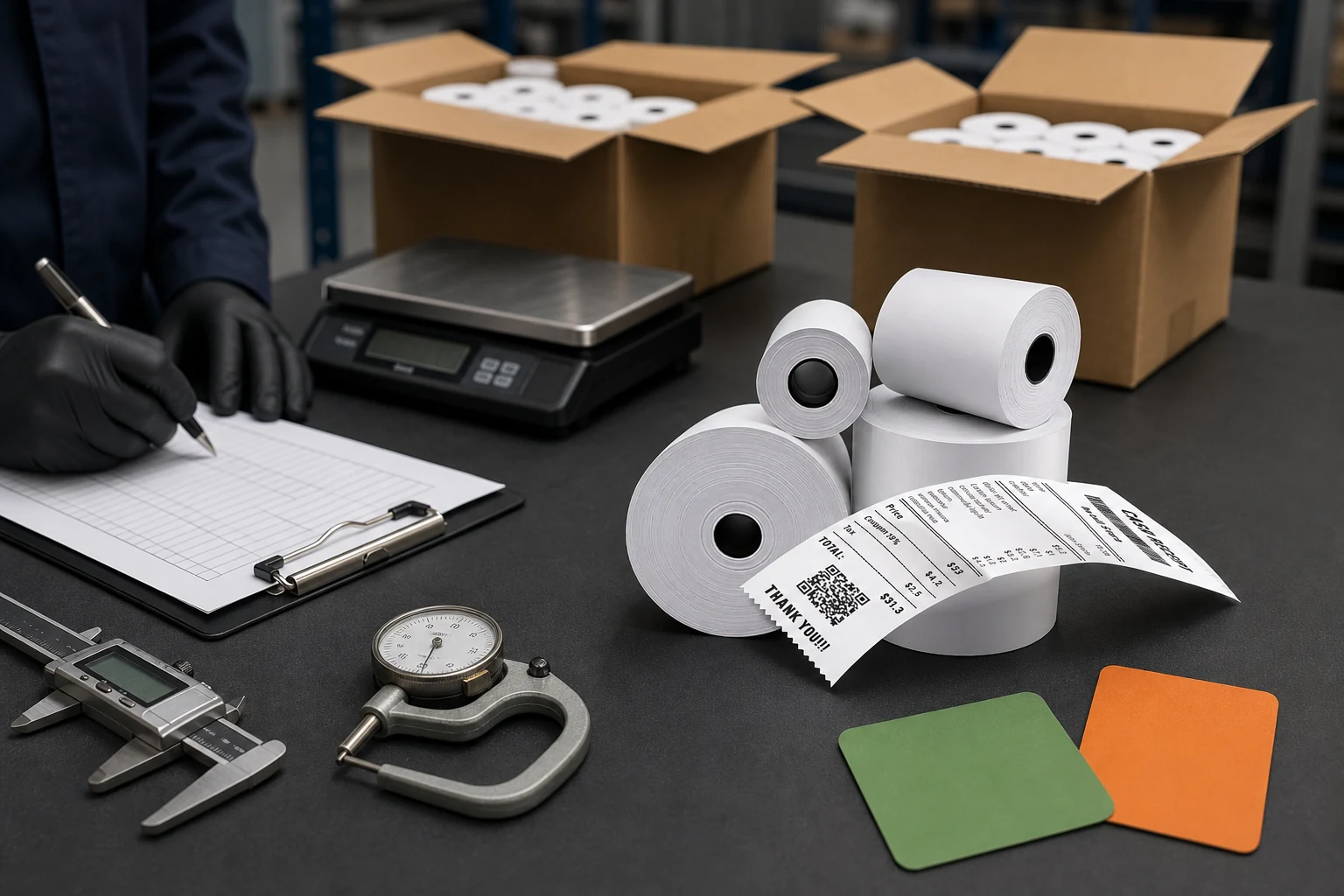 Receipt rolls on an inspection bench with gauges and incoming cartons