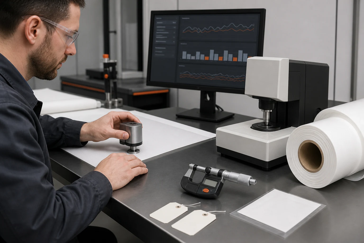 Technician measuring thermal paper in a quality laboratory