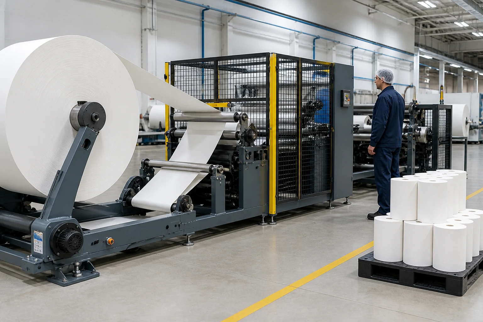 Guarded slitting and rewinding line converting a parent paper roll