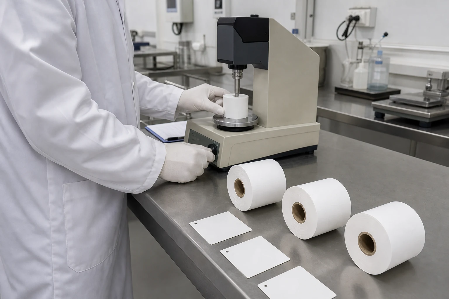 Laboratory technician testing separated thermal paper roll samples