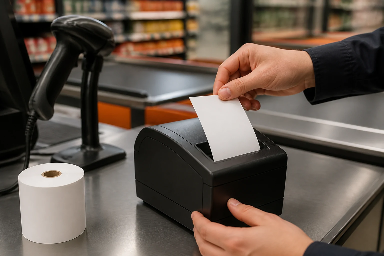 Supermarket receipt printer used for a trial roll acceptance check