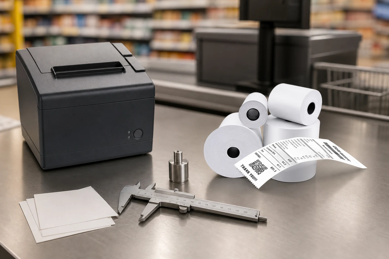 Thermal rolls beside printer fit and dimension gauges