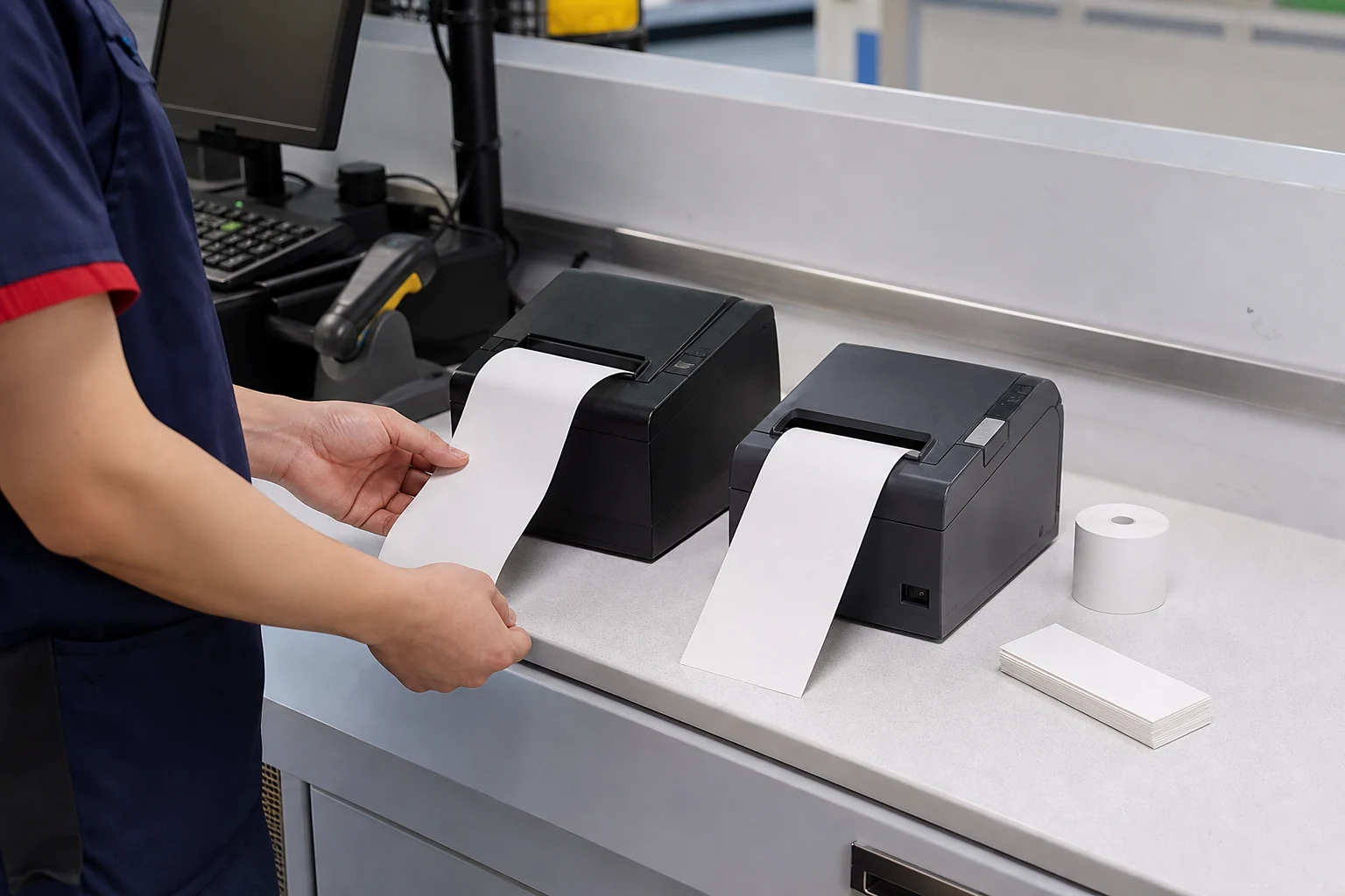 Technician testing blank receipt strips across two POS printers