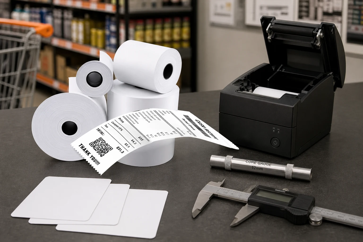 Thermal rolls and receipt beside an open printer and inspection tools
