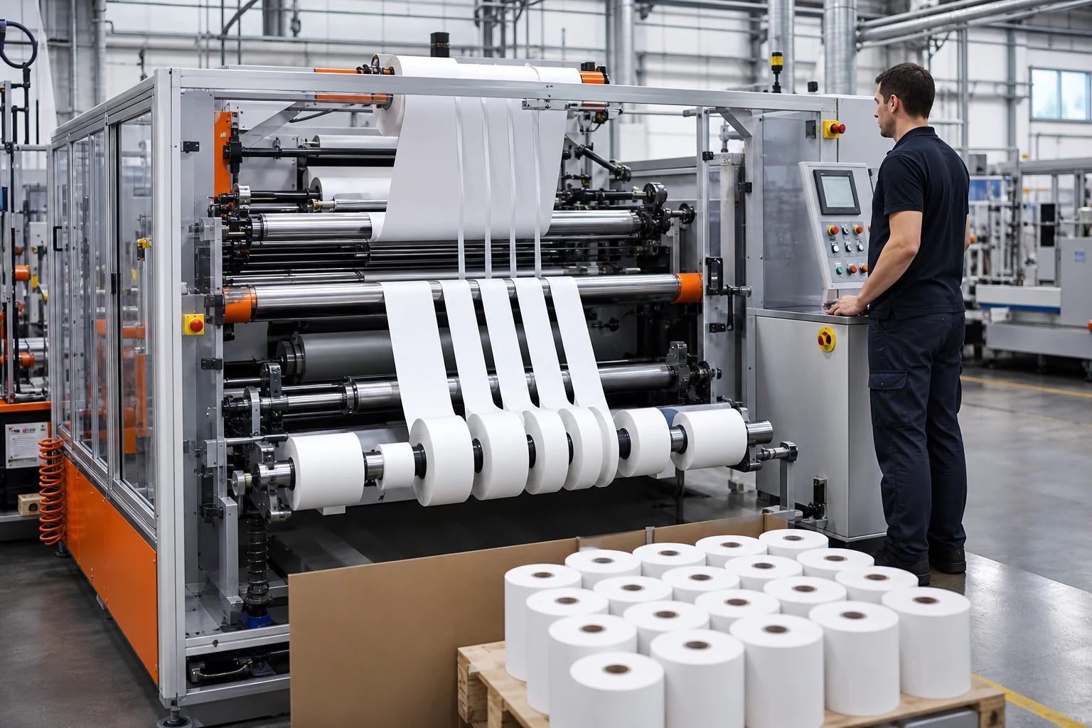 Guarded slitter rewinder producing multiple receipt roll lanes