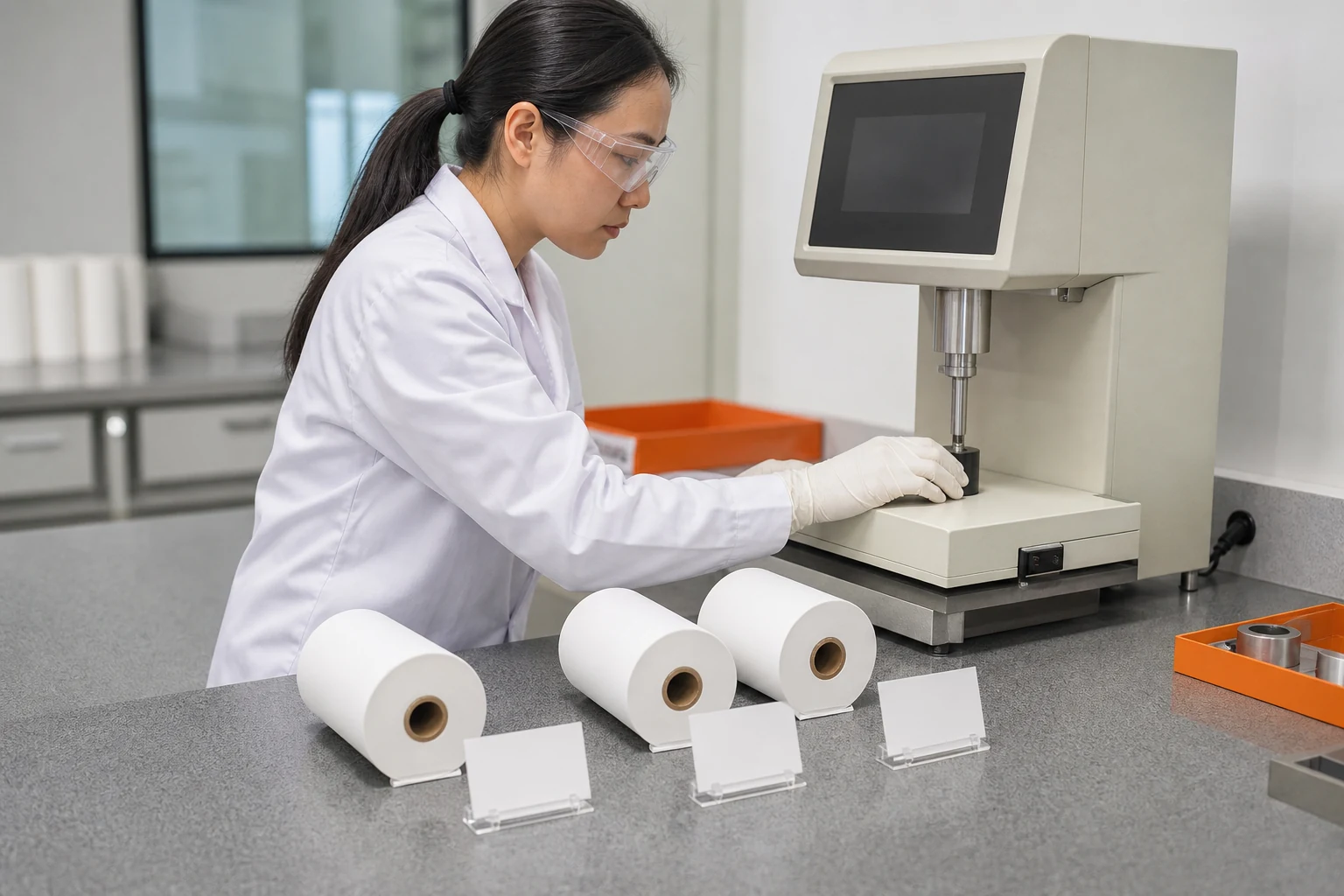 Laboratory technician comparing three thermal paper roll samples